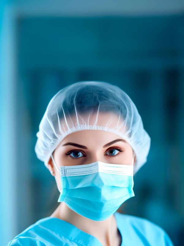 Portrait of a female surgeon, doctor or nurse wearing a facemask and a hairnet for sterile hygienic environment before treating a patient. Shallow field of view with copy space.